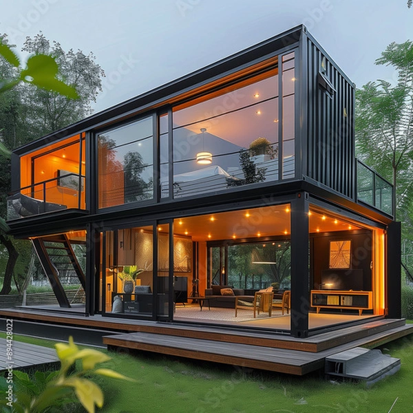 Fototapeta a modern modular home constructed from shipping containers, mobile, house, captivating, Shipping Container Tiny Home, steel containers, supreme quality, superior lighting