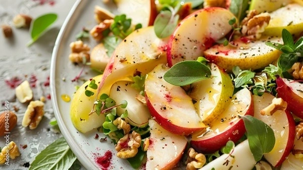 Fototapeta Salad with apples and pears herbs and nuts