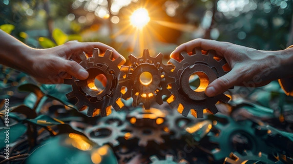 Fototapeta Four hands of businessmen collect gear from the gears. Generative AI