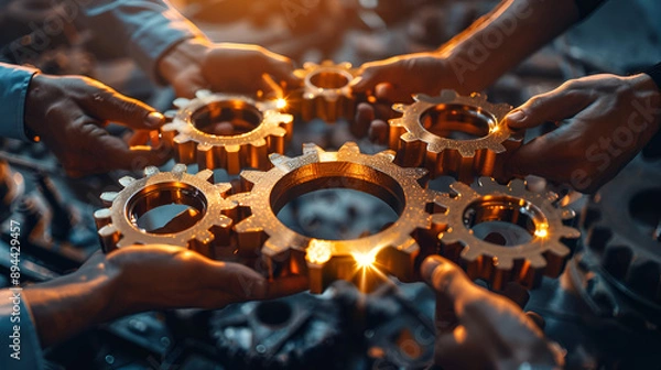 Fototapeta Four hands of businessmen collect gear from the gears. Generative AI