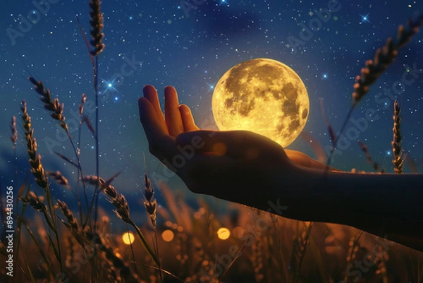 Obraz The moon is in the hands of a man. astrology, how the position of the moon affects life. zodiac signs