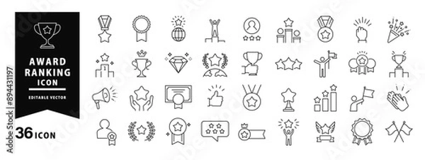 Fototapeta 受賞 表彰 ランキングに使えるアイコンセット _( 編集可能 線 黒 フラット シンプル 競技 人物 手 ウェブ ) 