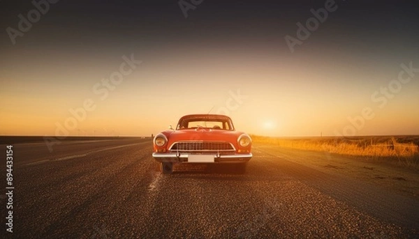 Fototapeta red classic car facing the camera, minimalist, deadpan, banal, cool, clinical, urban, iconic, conceptual, subversive, sparse, restrained, symbol