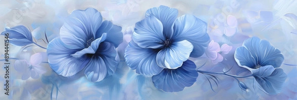 Fototapeta Blue flowers are the subject of artwork, featuring marine-inspired elements, colorful gradients, and hues of light violet and azure.