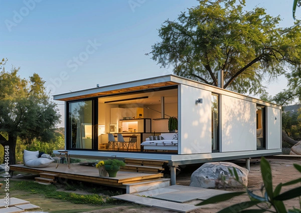 Fototapeta a modern modular home constructed from shipping containers, mobile, house, captivating, Shipping Container Tiny Home, steel containers, supreme quality, superior lighting