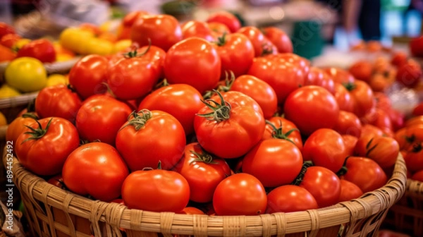 Fototapeta juicy, red heirloom tomatoes in a basket in a market
