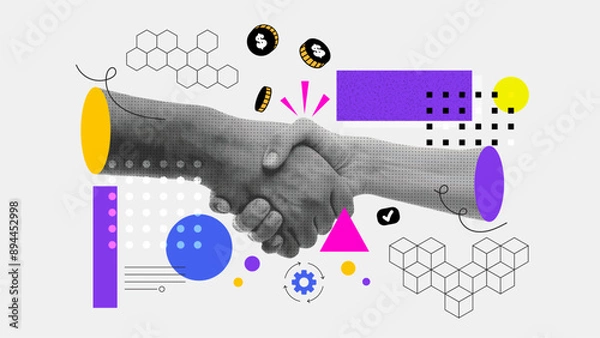 Fototapeta A collage banner with a handshake theme. Human hands make a deal. Handling halftone effect with doodles on grey background with hand drawn texture. Vector trendy illustration