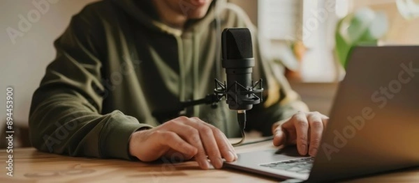 Fototapeta A man is typing on a laptop with a microphone in front of him. He is wearing a green hoodie