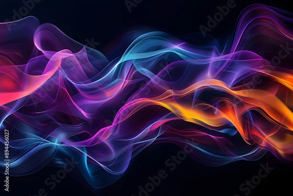 Obraz Abstract digital illustration of flowing, multicolored lines creating a sense of motion and energy, with a dark background.


