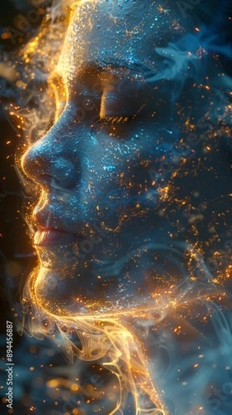 Fototapeta A face illuminated by ethereal blue and gold lights, eyes closed in serenity.
