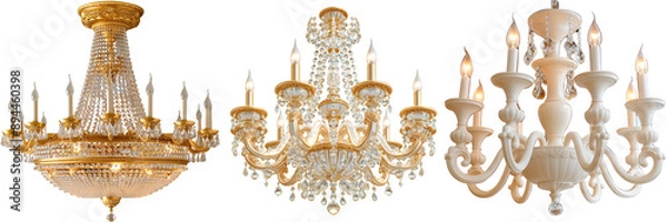 Fototapeta Set of 3 Chandeliers on a transparent background, home, Household items, design, Modern, room, Exterior, Interior, Details, Decorative elements, house, png file, cut off bg, alpha channel