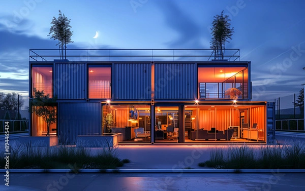 Fototapeta a modern modular home constructed from shipping containers, mobile,  house, captivating,  Shipping Container Tiny Home, steel containers, supreme quality, superior lighting