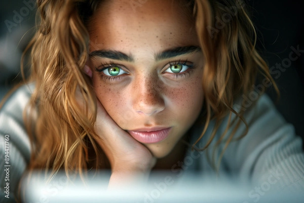Obraz Thoughtful young woman with intense gaze stares tiredly at a computer monitor in close-up