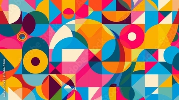 Fototapeta A colorful geometric summer background featuring a pattern of interlocking circles, triangles, and squares in bold and bright colors, creating a fun and engaging design for banners.