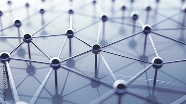 Fototapeta A conceptual illustration of a business network with nodes connected by pulsing lines, highlighting the dynamic nature of management and success.