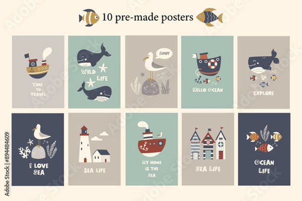 Fototapeta Nautical vector clipart. Set of Baby cards. Children's collection includes cute boats, lighthouse, whale, fish, seagull, beach houses, inscriptions. Collection in Scandinavian style.