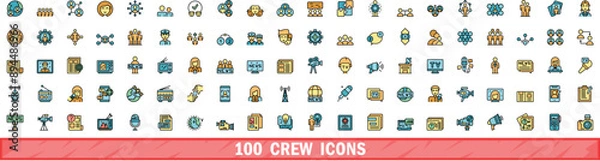 Fototapeta 100 crew icons set. Color line set of crew vector icons thin line color flat on white