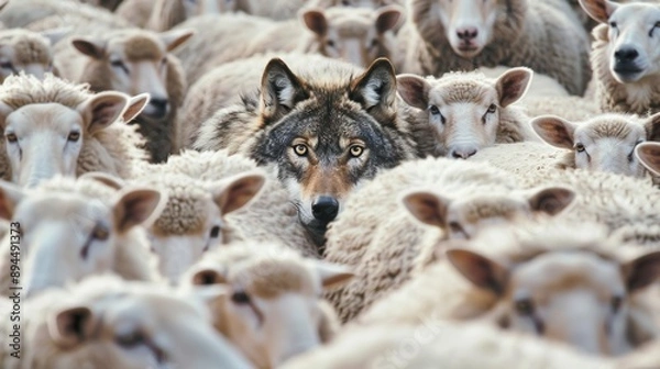 Fototapeta A wolf hiding among a flock of sheep, leading the way or waiting for the right moment to act - Concept of identity and difference, of being unique among others, or metaphor for hidden risk and danger