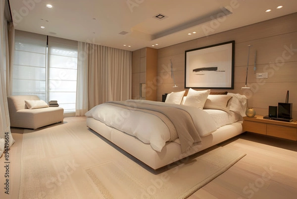 Fototapeta Minimalist modern bedroom with clean lines and neutral tones.


