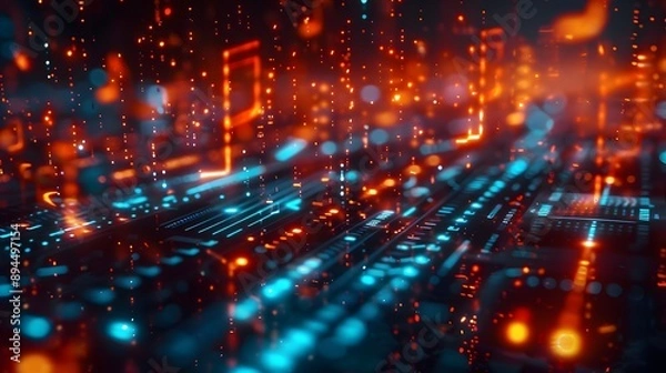 Fototapeta High-Resolution Futuristic 3D Background with Colorful Digital Lights and Tech Elements