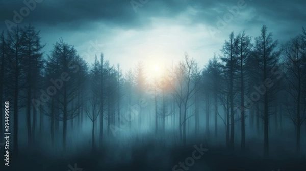 Fototapeta Misty Forest at Dawn with Fog