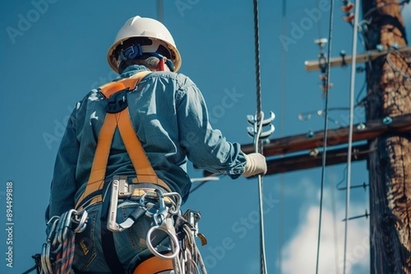 Obraz Technician wearing a harness while working on a power line