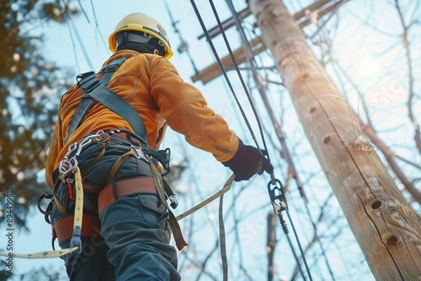Obraz Technician wearing a harness while working on a power line