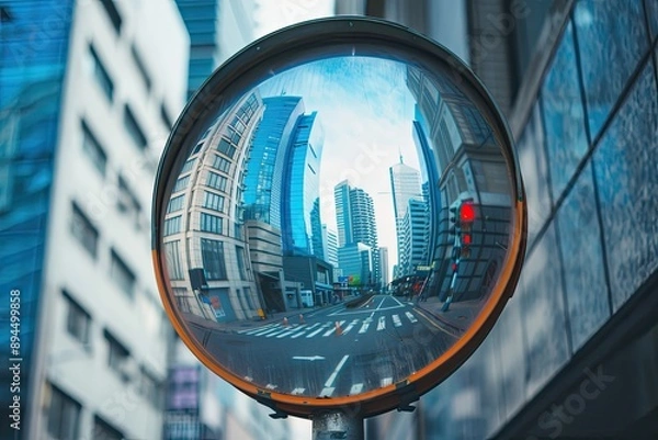 Fototapeta Urban landscape reflected in convex traffic mirror