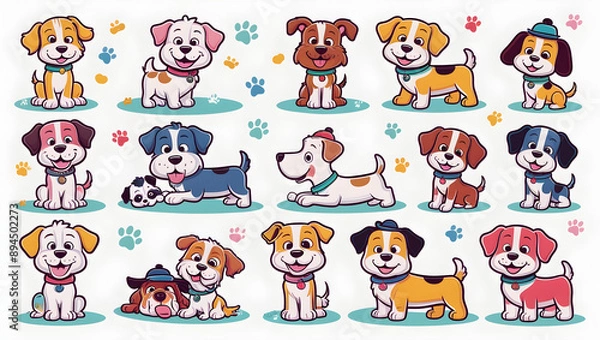 Fototapeta Vibrant, playful doodle set of cartoon dog or puppy characters in various fun poses, each with its own unique personality, on a crisp, clean white background, generative ai 