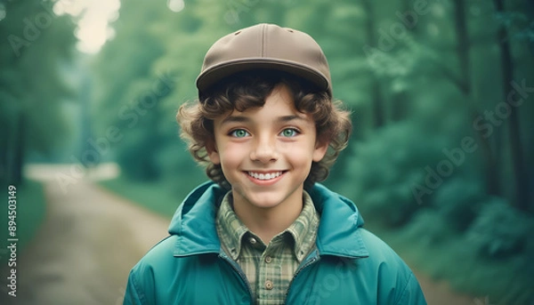 Fototapeta A Portrait of a Smiling Boy with Brown Curls
