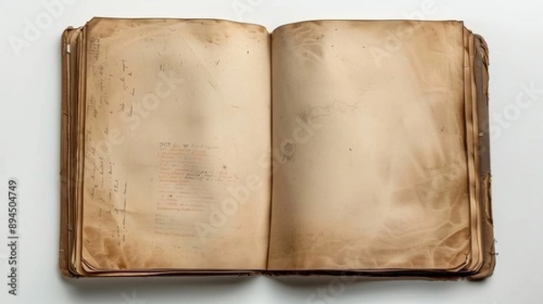 Fototapeta An Open Antique Book with Yellowed, Tattered Pages and Handwritten Notes