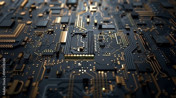 Fototapeta Abstract Close-Up of a Black and Gold Circuit Board.