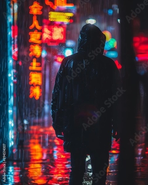 Fototapeta Credit card fraud, hacker with stolen cards, dark alley, ominous mood, raining night, neon lights reflecting on wet pavement, masked figure, sense of danger, high contrast lighting