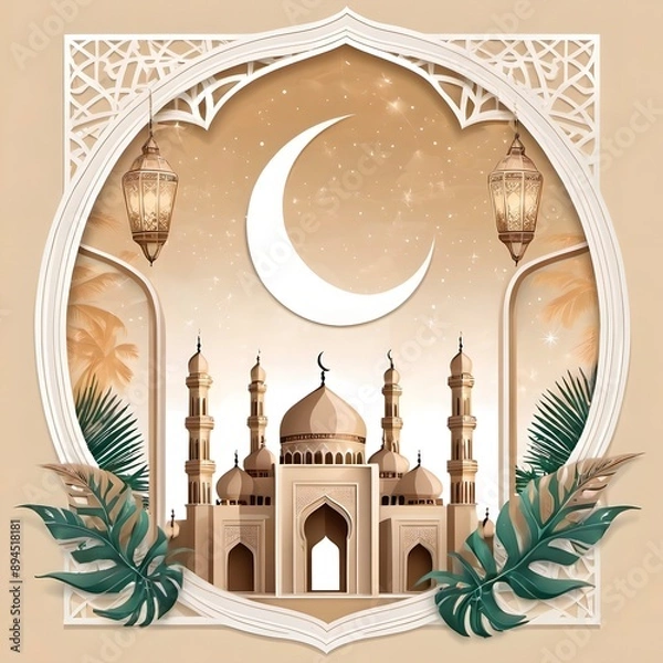 Fototapeta Ramadan Kareem. Eid Mubarak. Vector aesthetic illustration of crescent moon, mosque, lantern, window, frame, background, ornament, tropical leaf for greeting card, invitation or poster in beige muted