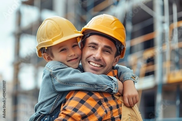 Obraz Construction Worker Holding Child at Construction Site