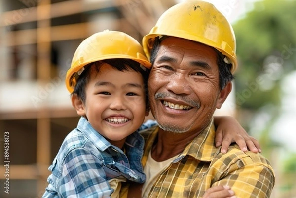 Obraz Construction Worker Holding Child at Construction Site