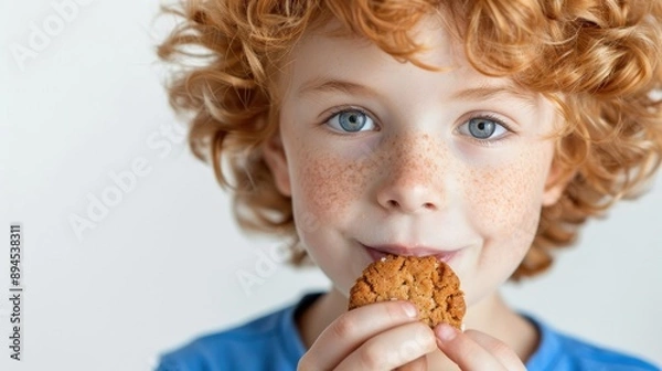 Fototapeta Young child with curly red hair and blue eyes enjoys a cookie against a plain background, capturing a moment of simple joy and innocence.