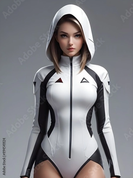 Fototapeta Woman Dressed in a Futuristic White Suit with Black Accents and a Hood, Staring Confidently Ahead in a Studio Setting