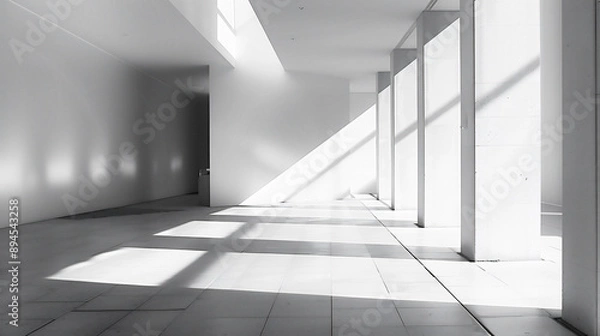 Obraz 光と影が白い壁に幾何学的な形を作り出している、モノクロ写真アート風背景グラフィック