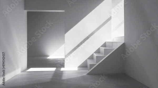 Obraz 光と影が白い壁に幾何学的な形を作り出している、モノクロ写真アート風背景グラフィック