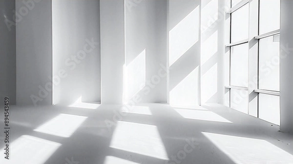 Obraz 光と影が白い壁に幾何学的な形を作り出している、モノクロ写真アート風背景グラフィック