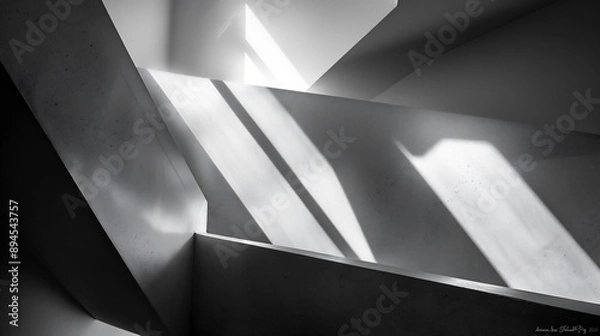 Obraz 光と影が白い壁に幾何学的な形を作り出している、モノクロ写真アート風背景グラフィック