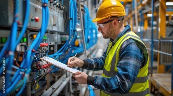 Fototapeta A male engineer in a safety vest and helmet and holding a clipboard to make notes, working with the controlling machine in a modern industrial factory, and automation. in the warehouse.