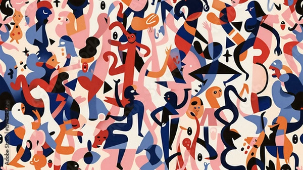 Obraz 不思議で愉快な楽しい生き物たちがたくさん集まっているアーティスティックなイラスト