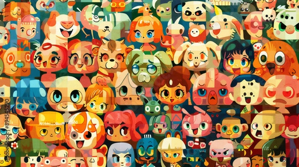 Obraz 不思議で愉快な楽しい生き物たちがたくさん集まっているアーティスティックなイラスト