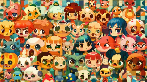 Obraz 不思議で愉快な楽しい生き物たちがたくさん集まっているアーティスティックなイラスト