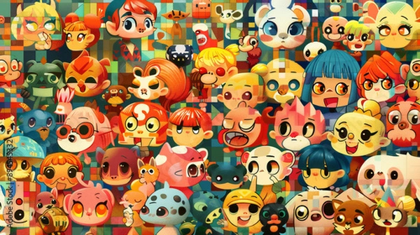 Obraz 不思議で愉快な楽しい生き物たちがたくさん集まっているアーティスティックなイラスト