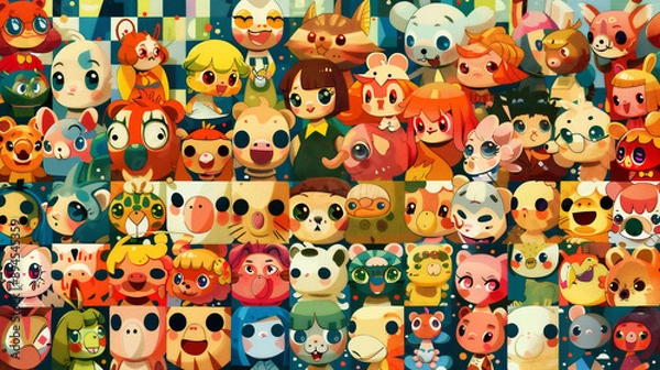 Obraz 不思議で愉快な楽しい生き物たちがたくさん集まっているアーティスティックなイラスト