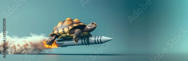 Fototapeta A whimsical and surreal image of a turtle riding a rocket at high speed, leaving a trail of smoke and flames.