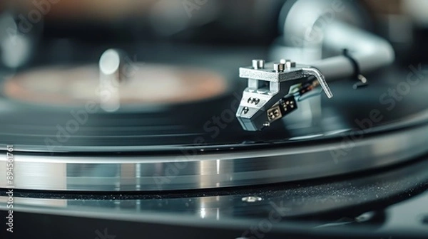 Fototapeta A vintage turntable equipped with a gleaming stylus playing an LP, focusing on the precision of the needle and the texture of the grooved vinyl, depicting the beauty of analog music.
